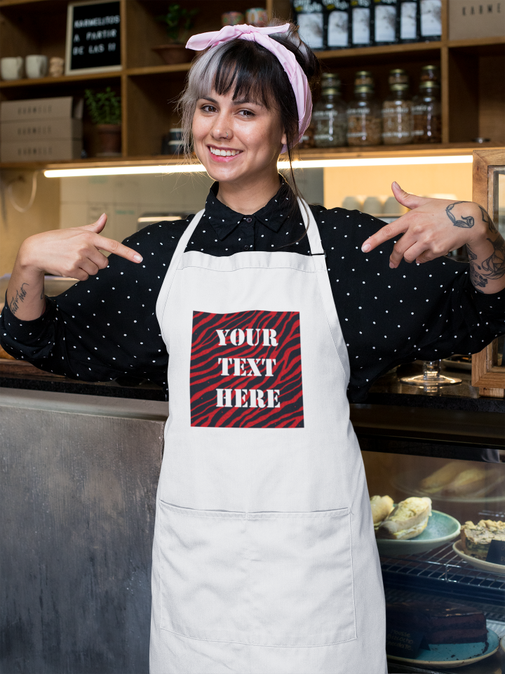 Woman wearing a white your text here over red and black spacetime stripes apron.