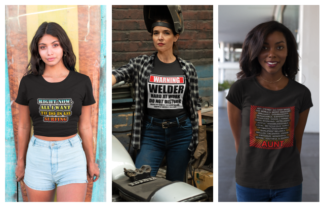 Three woman wearing custom t-shirts