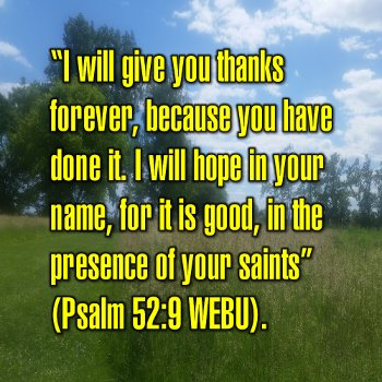 I will give you thanks forever, because you have done it. I will hope in your name, for it is good, in the presence of your saints (Psalm 52:9 WEBU).