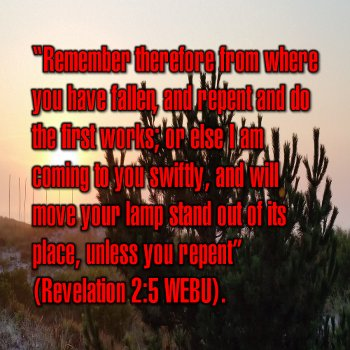 Remember therefore from where you have fallen, and repent and do the first works; or else I am coming to you swiftly, and will move your lamp stand out of its place, unless you repent (Revelation 2:5 WEBU).