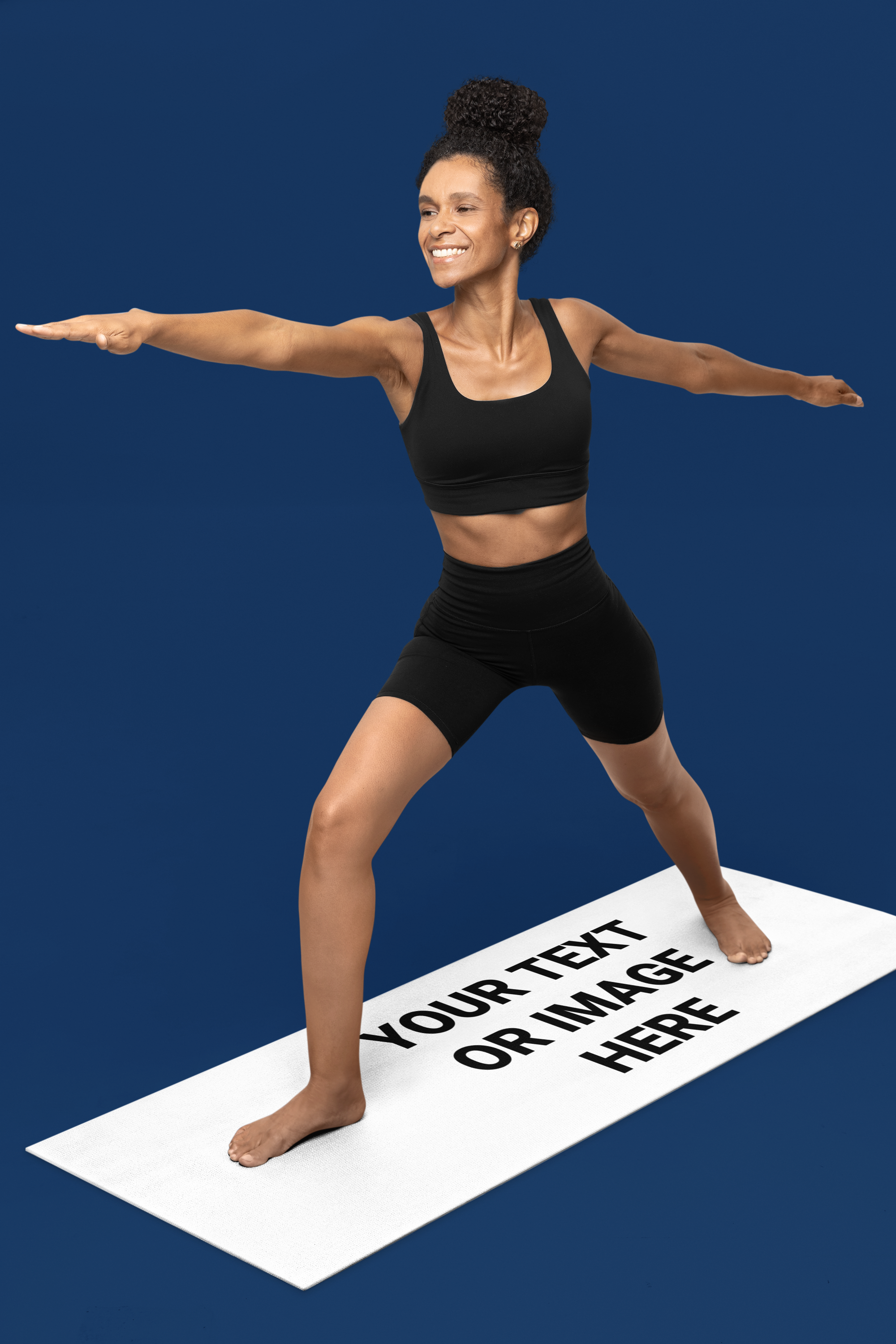 A woman doing  pose on a exercise mat that reads: Your Text Or Image Here.
