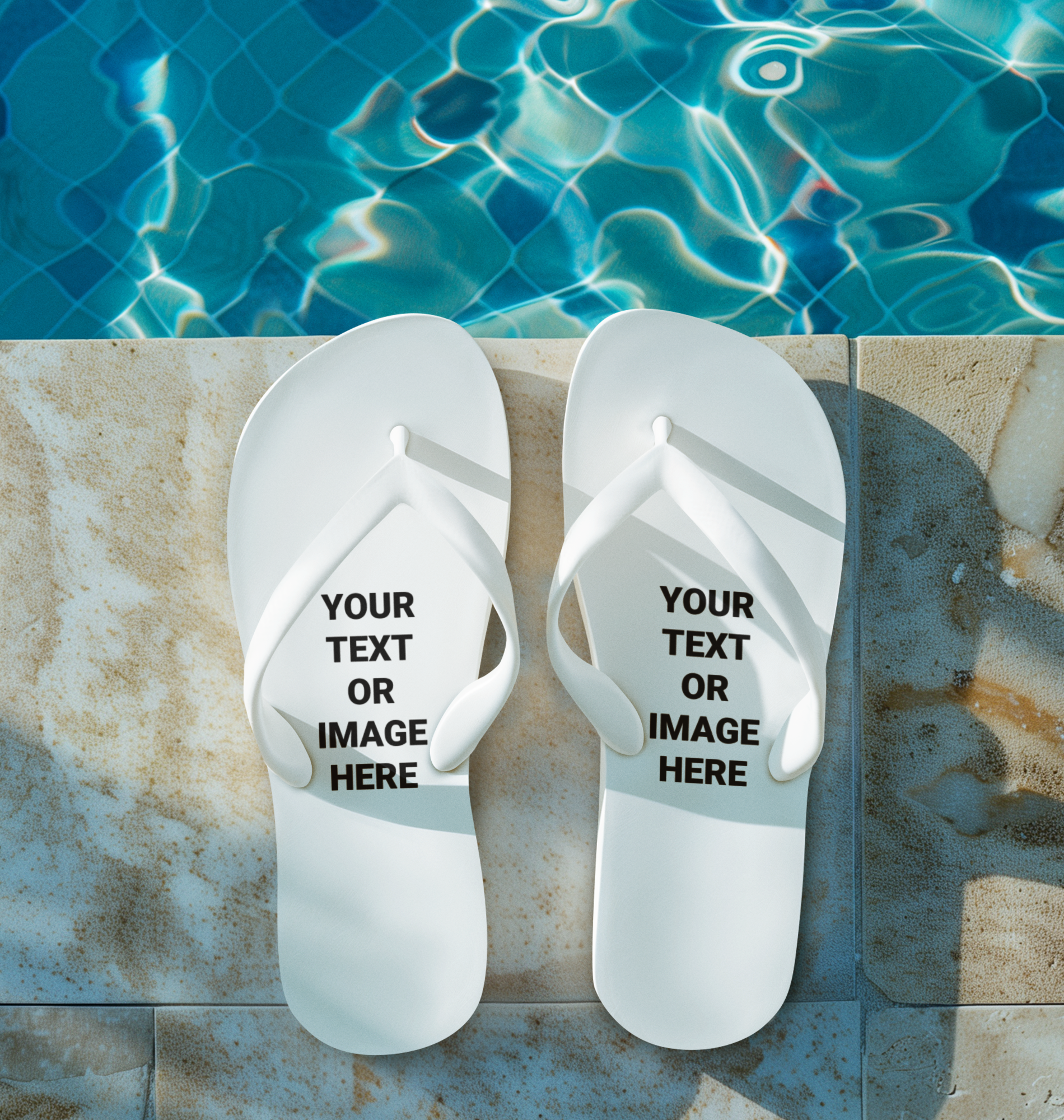 Flip flops at a pool's edge that read: Your Text Or Image Here.