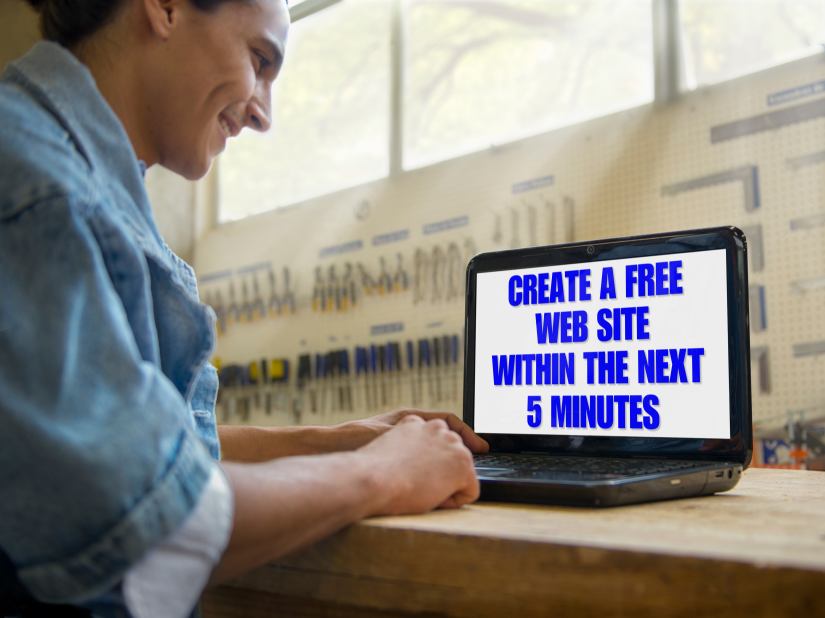 Man in front of a laptop that says Create A Free Web Site Within The Next 5 Minutes.