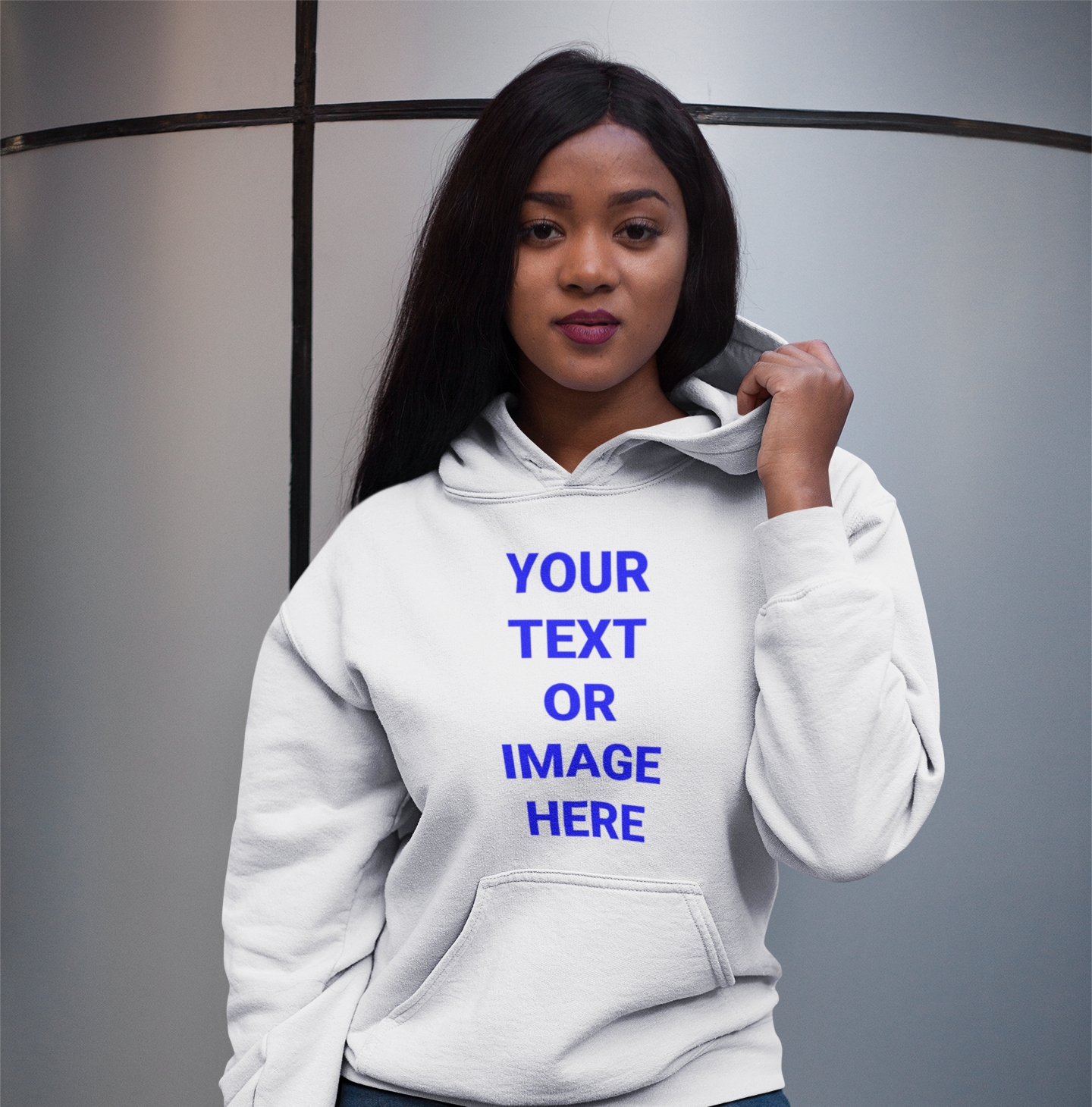 A woman in a hoodie that reads: Your Text Or Image Here.