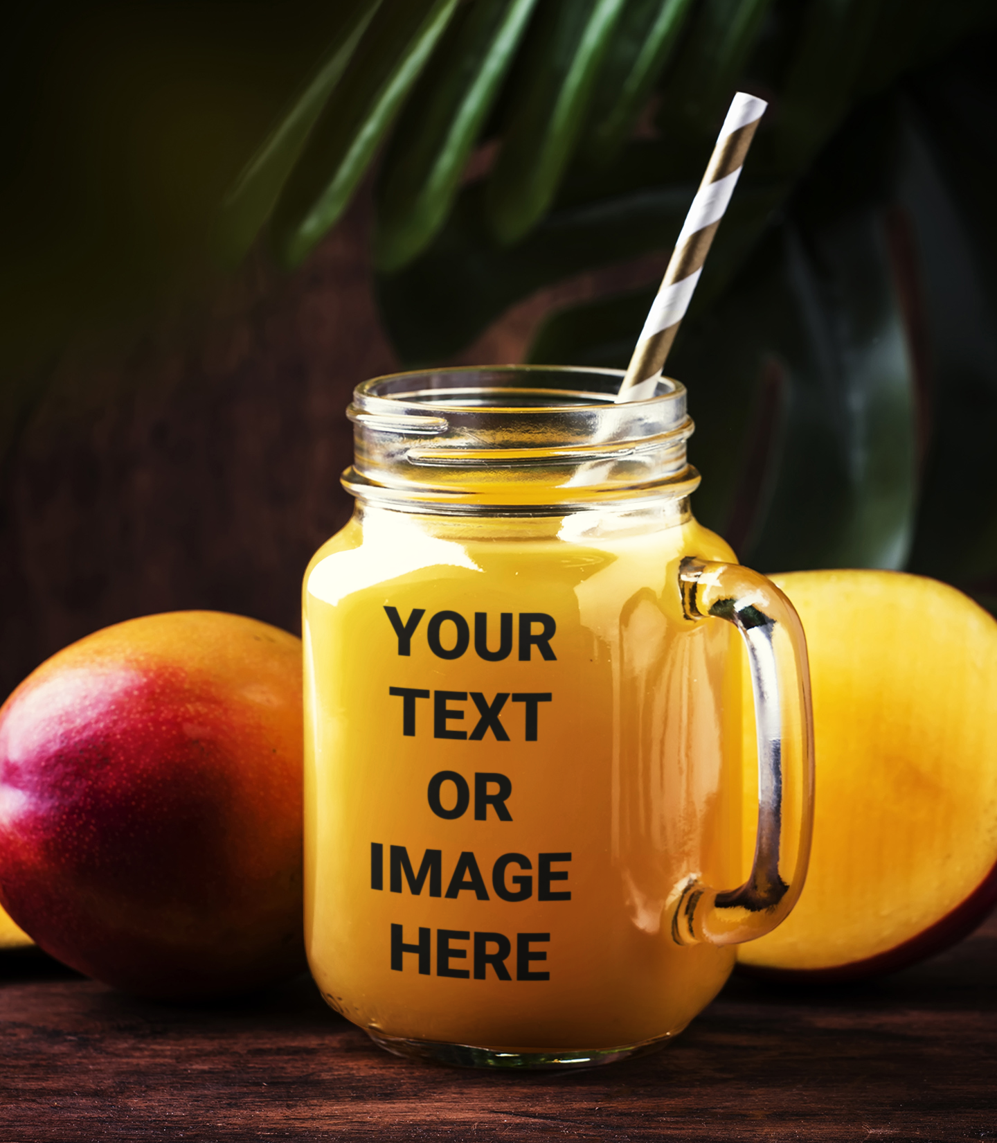 A mason jar filled with orange juice that reads: Your Text Or Image Here.