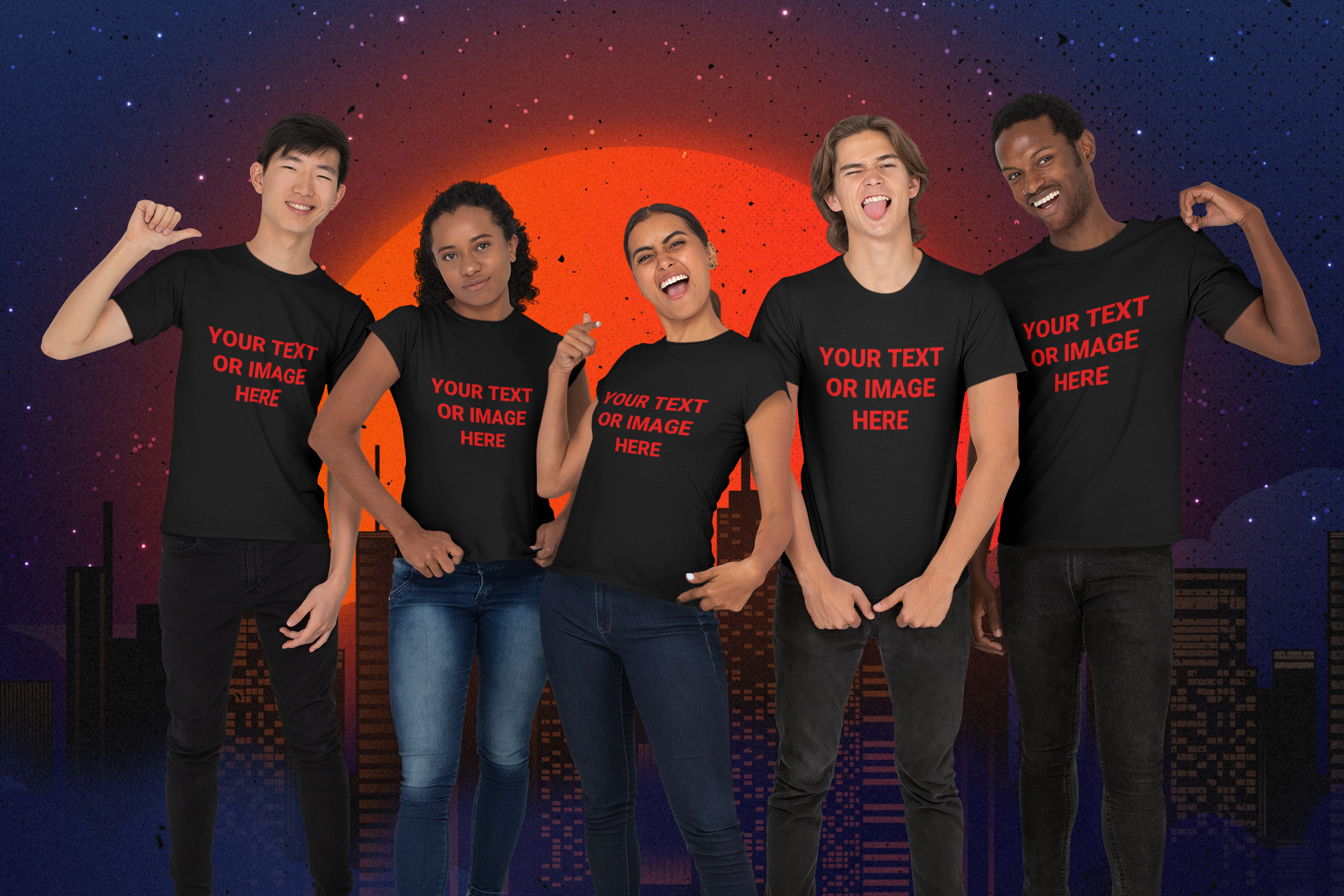 Five people wearing black t-shirts that read: Your Text or Logo Here.