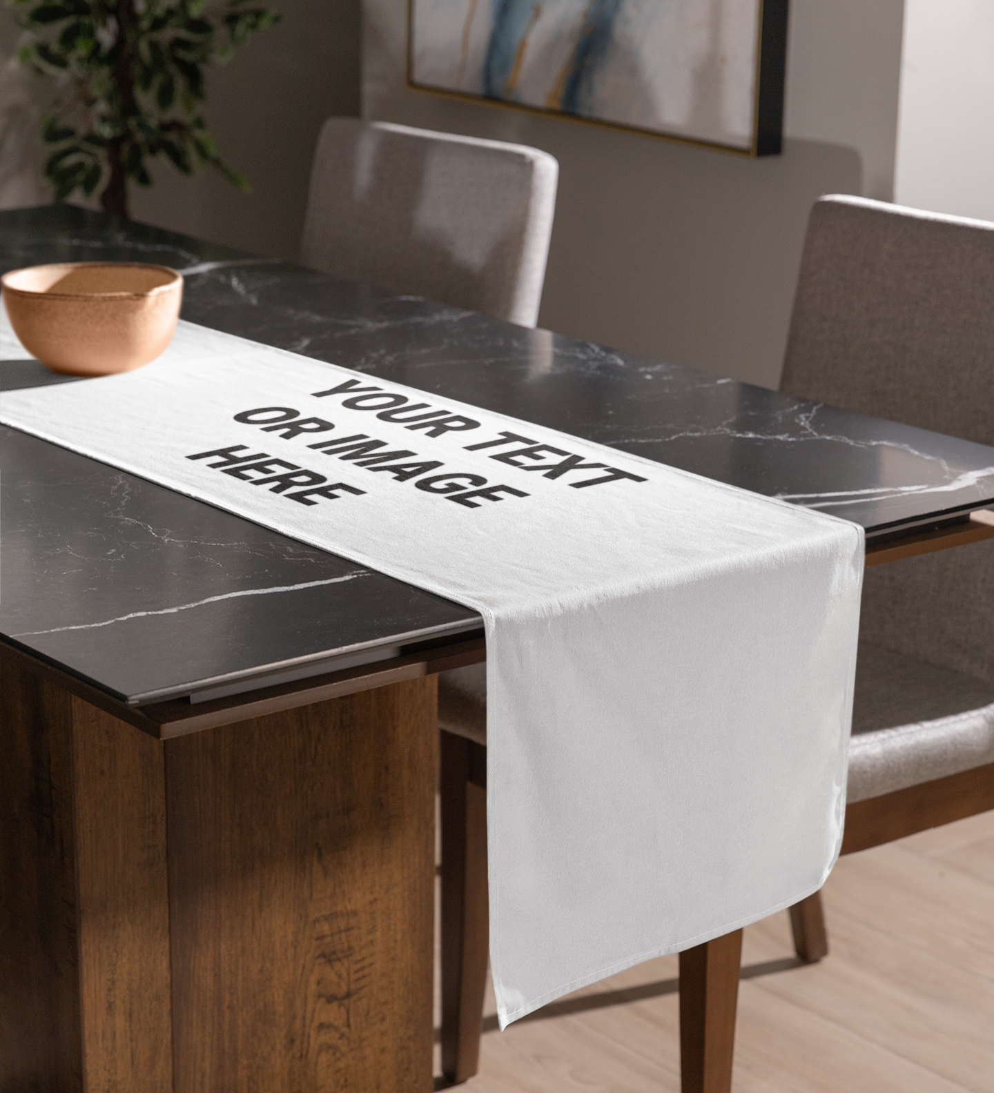 A white table runner on a dining table that reads: Your Text Or Image Here.