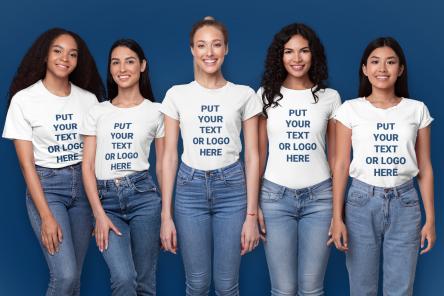 Five women wearing white t-shirts that read: Put Your Text or Logo Here.