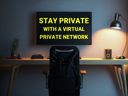 A computer screen hanging on the wall in front of a lamp lit desk that reads: Stay Private With A Virtual Private Network.