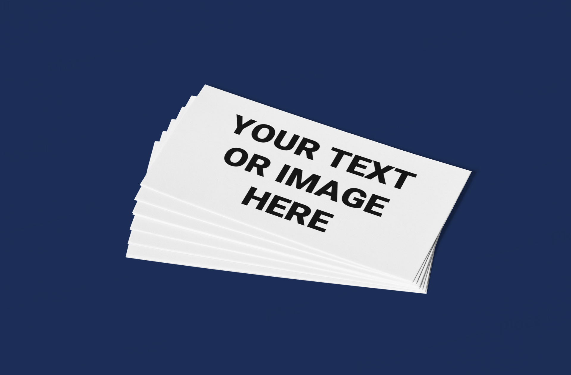 A stack of white business cards that reads: Your Text Or Image Here.