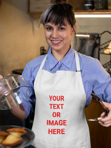 A woman in an apron that reads: Your Text Or Image Here.