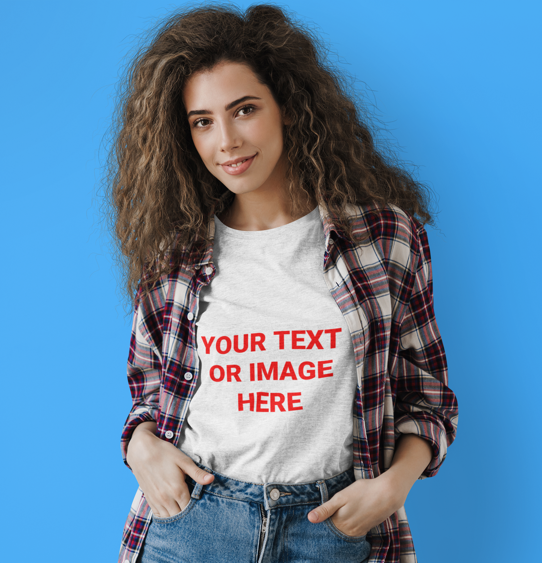 A woman in a t-shirt that reads: Your Text Or Image Here.