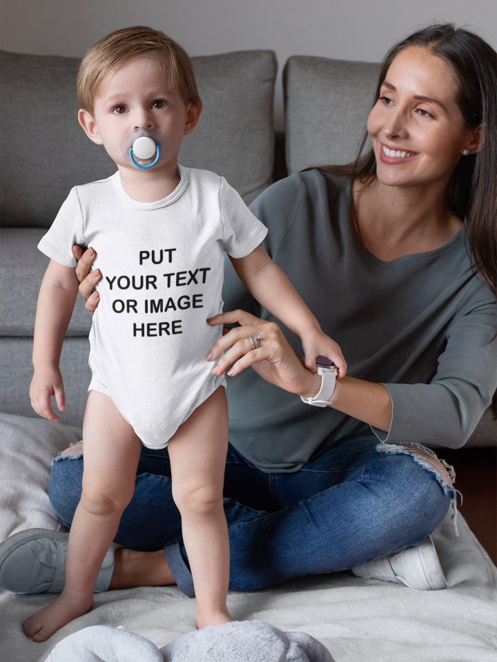 Woman and her baby boy wearing a Your Text Or Image Here baby suit.
