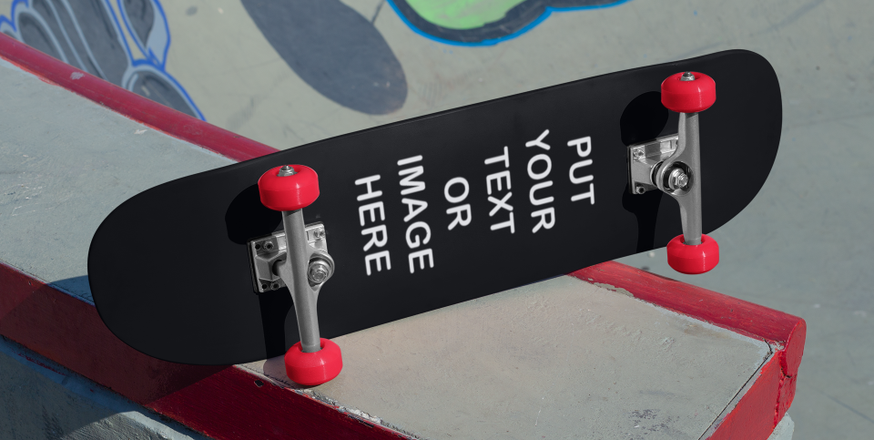 Black Your Text Or Image Here skateboard with red wheels.